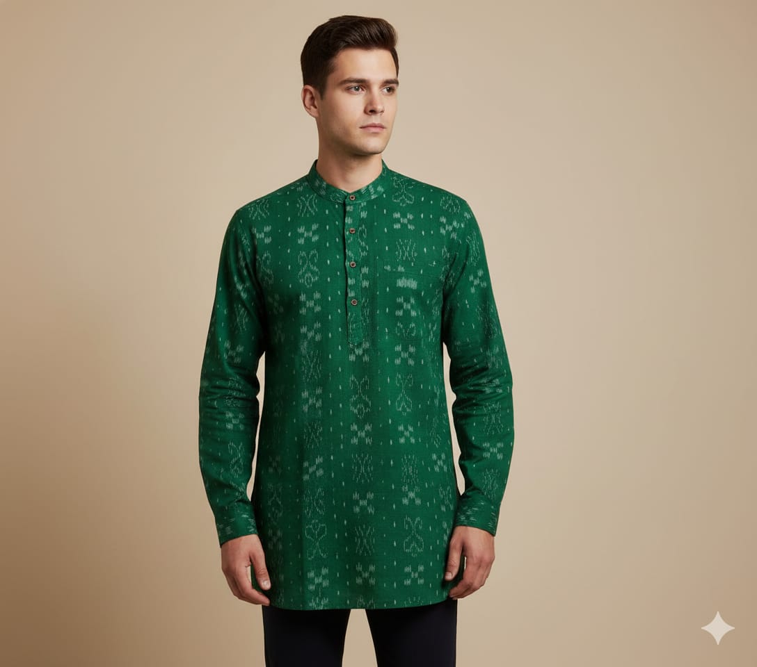 Green Fish & Pasapali Design Odisha Handloom Cotton Men's Half Kurta