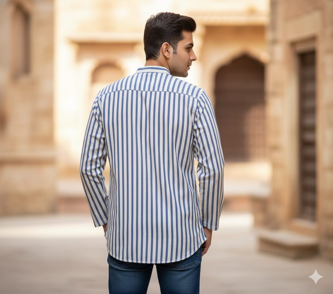 White Blue Striped Design Odisha Handloom Kotpad Cotton Men's Half Kurta