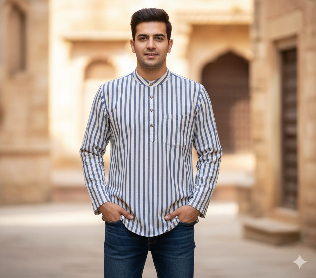 White Blue Striped Design Odisha Handloom Kotpad Cotton Men's Half Kurta