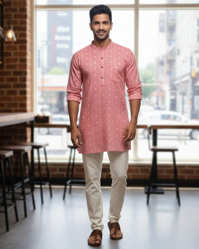 Peach Lata Design Odisha Handloom Cotton Men's Half Kurta