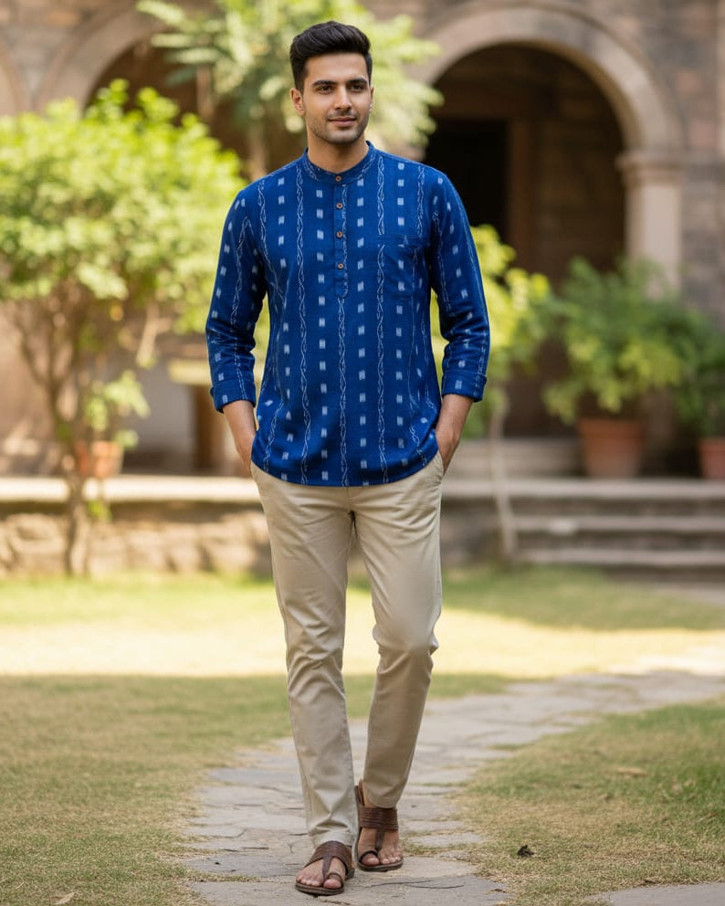 Navy Blue Lata Design Odisha Handloom Cotton Men's Half Kurta