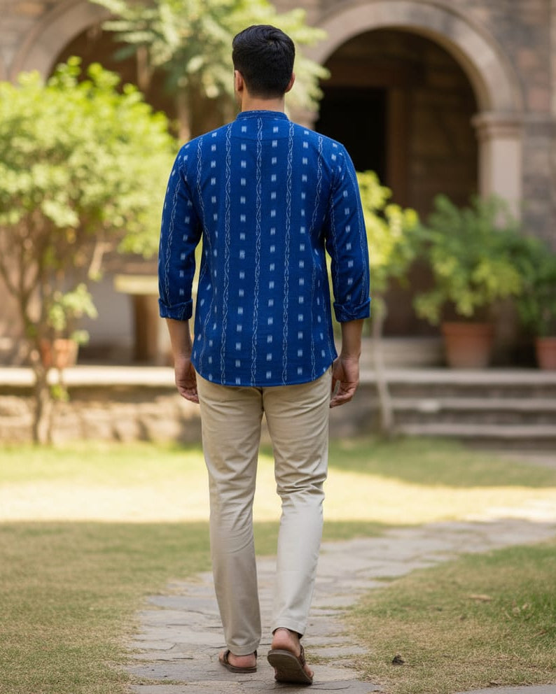Navy Blue Lata Design Odisha Handloom Cotton Men's Half Kurta
