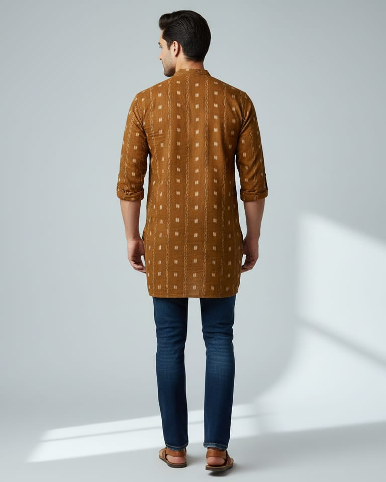 Mustard Yellow Lata Design Odisha Handloom Cotton Men's Half Kurta
