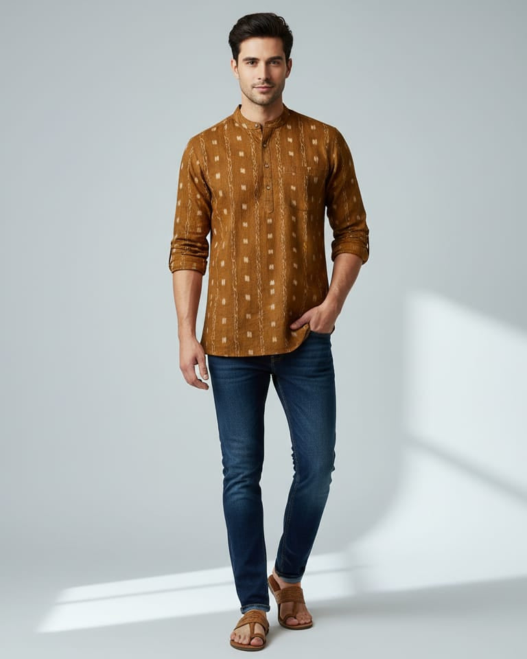 Mustard Yellow Lata Design Odisha Handloom Cotton Men's Half Kurta