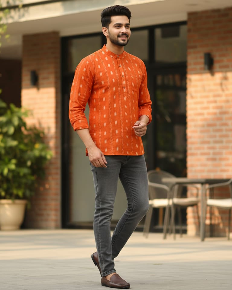 Orange Lata Design Odisha Handloom Cotton Men's Half Kurta