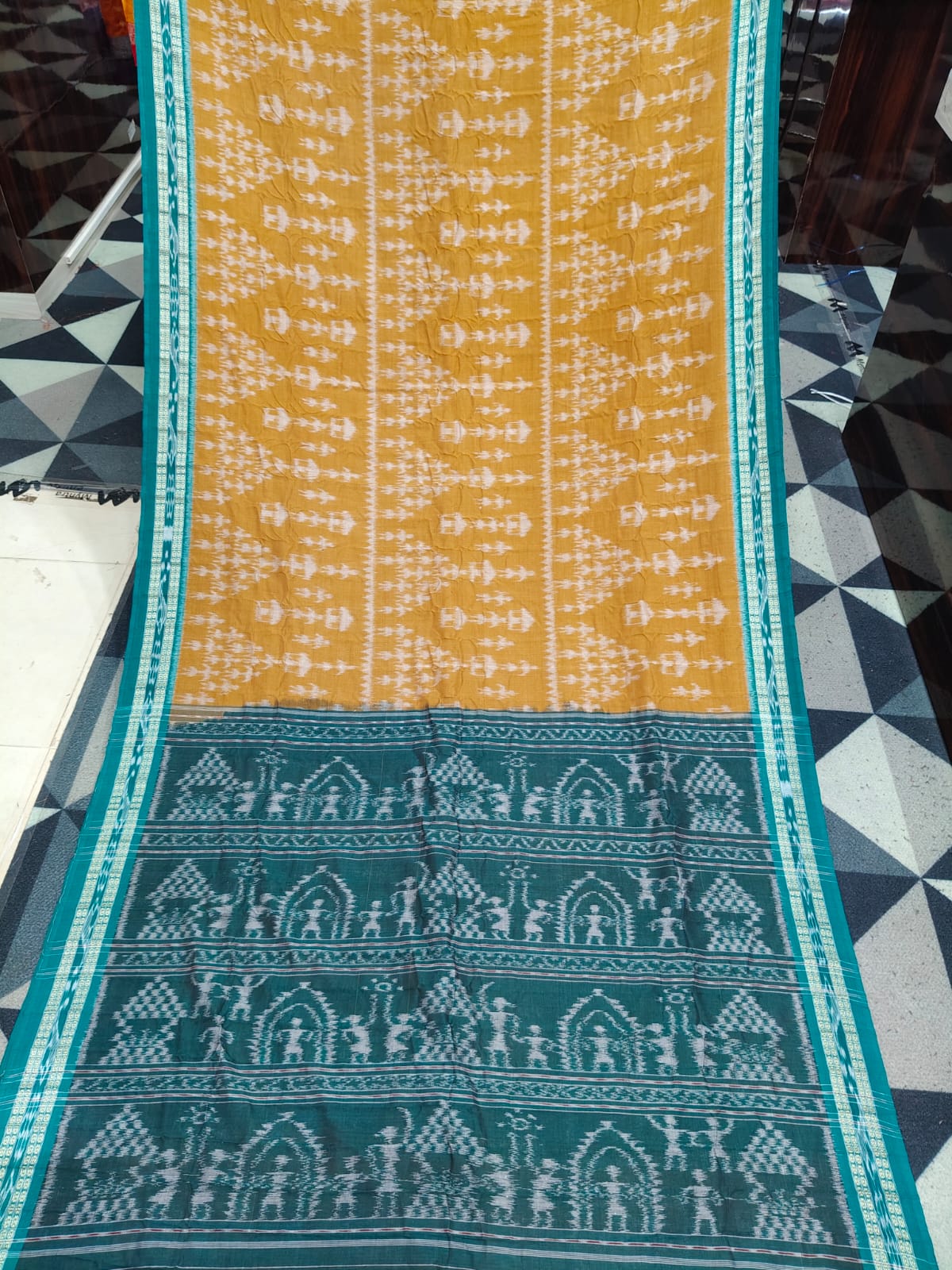 Mustard Yellow Green Tribal Design Khandua Cotton Saree