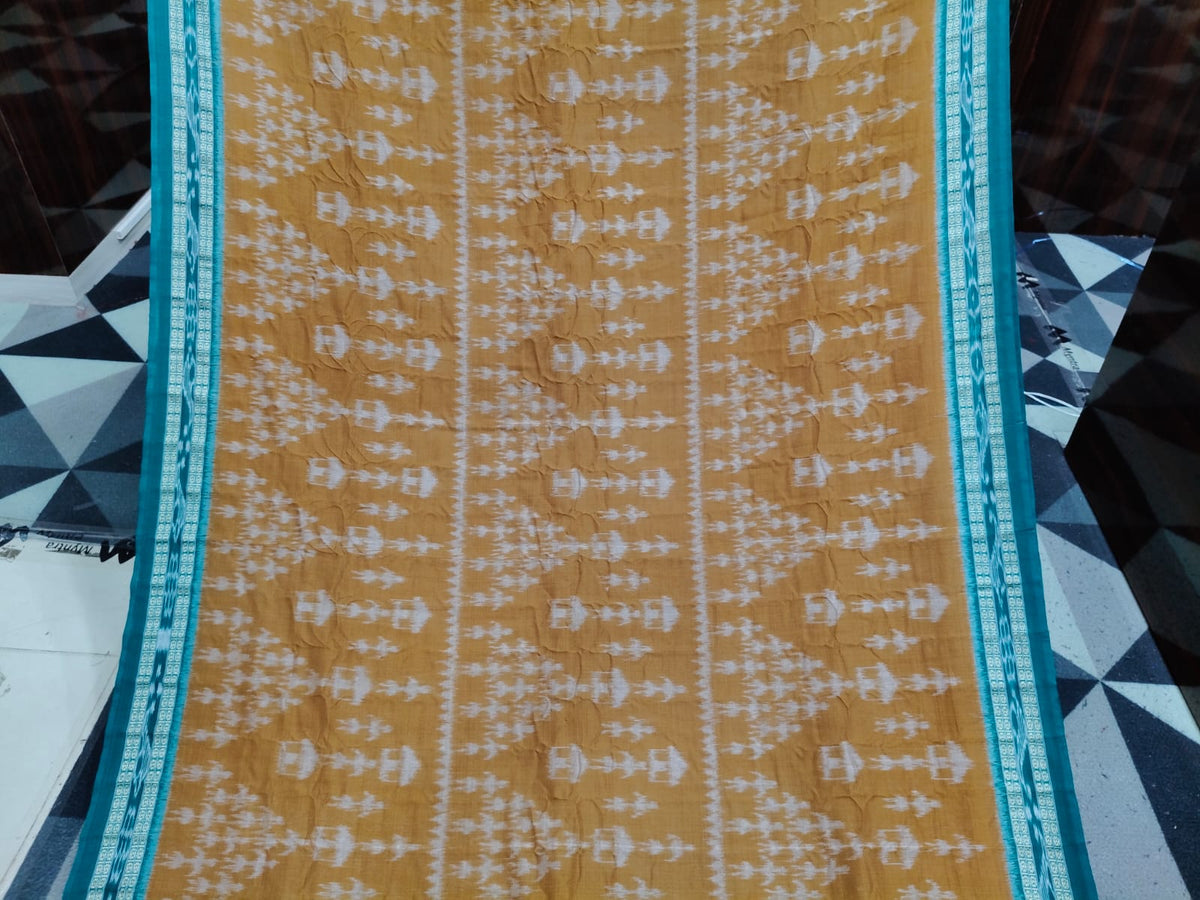 Mustard Yellow Green Tribal Design Khandua Cotton Saree