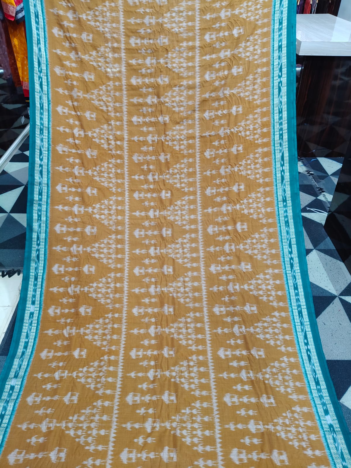 Mustard Yellow Green Tribal Design Khandua Cotton Saree