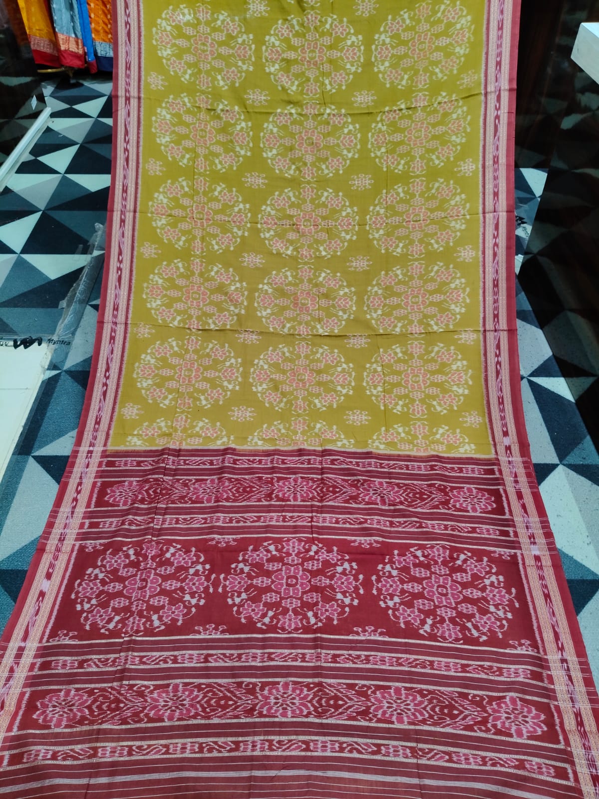 Mustard Yellow Maroon Round Tribal  Design Khandua Cotton Saree