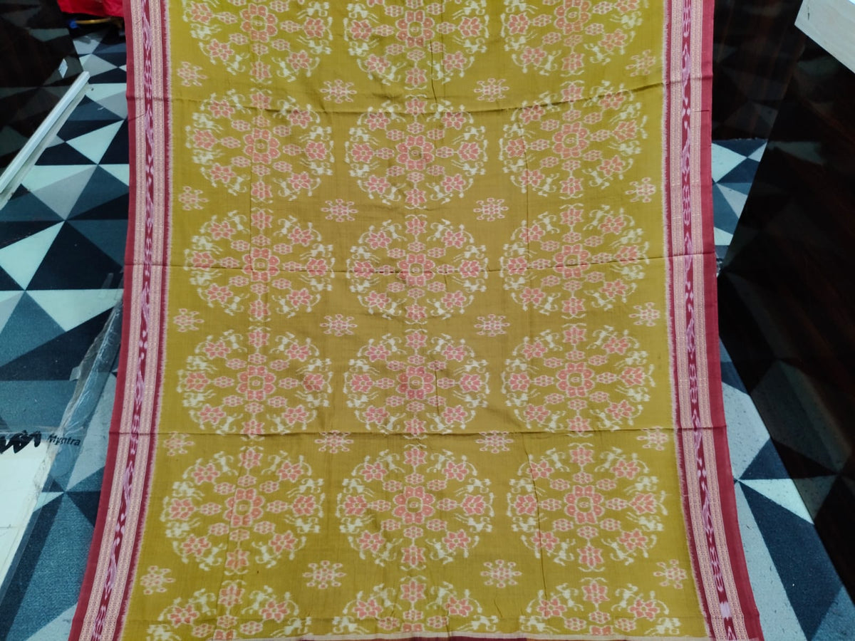 Mustard Yellow Maroon Round Tribal  Design Khandua Cotton Saree
