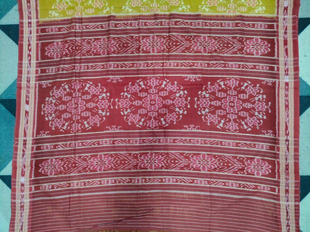 Mustard Yellow Maroon Round Tribal  Design Khandua Cotton Saree