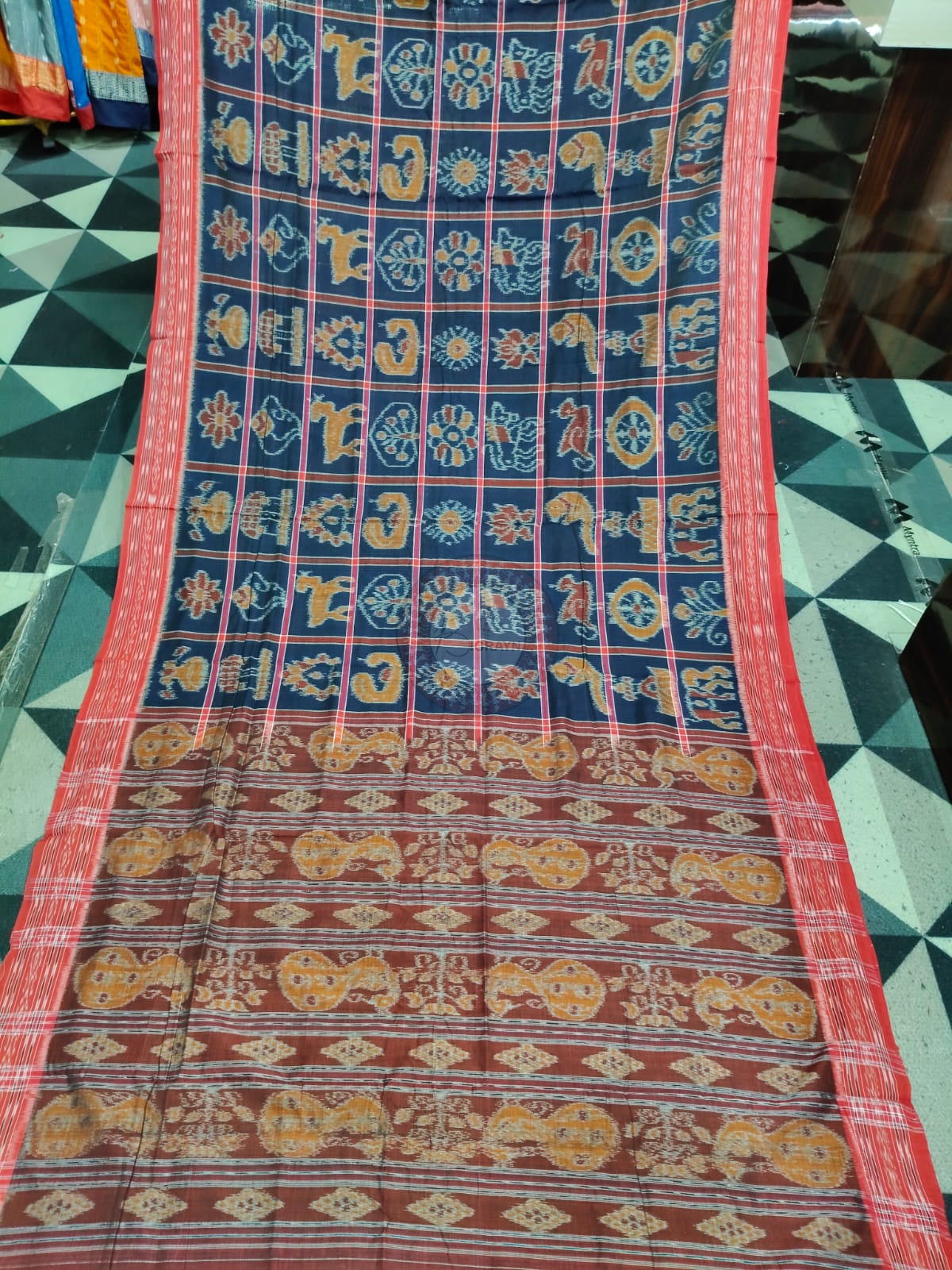 Navy Blue Red Nabakothi Design Khandua Cotton Saree