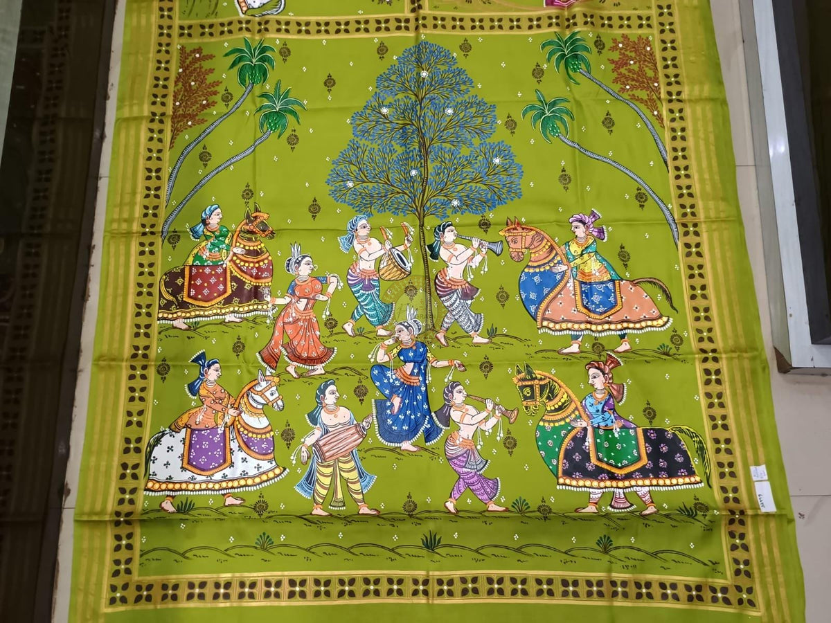 Neon Green Big Box With Chaiti Ghoda Pallu Theme Pattachitra Kanjeeveram Silk Saree