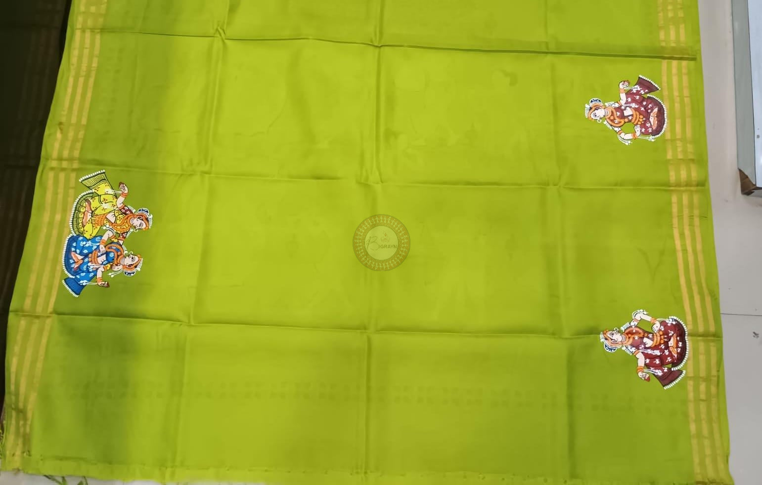 Neon Green Big Box With Chaiti Ghoda Pallu Theme Pattachitra Kanjeeveram Silk Saree