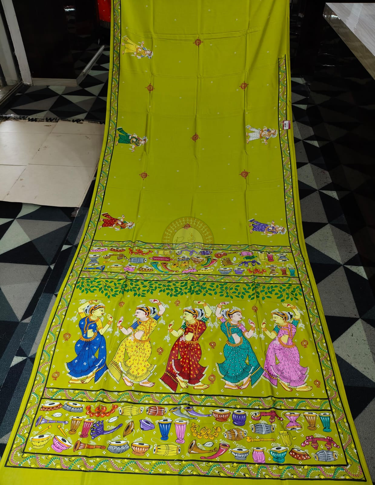 Neon Green Dancer And Musical Instruments Theme Pattachitra Khadi Silk Saree