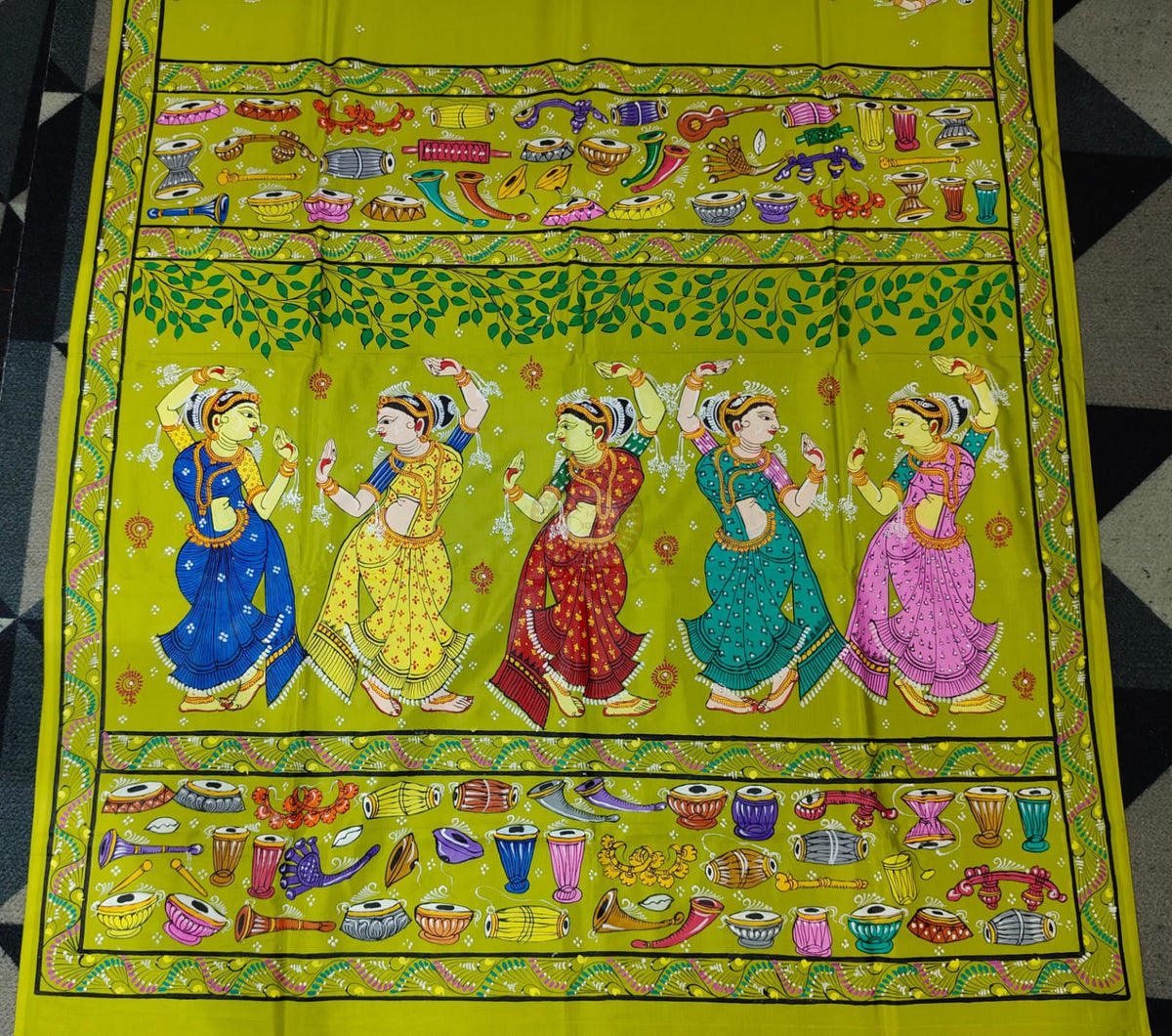 Neon Green Dancer And Musical Instruments Theme Pattachitra Khadi Silk Saree