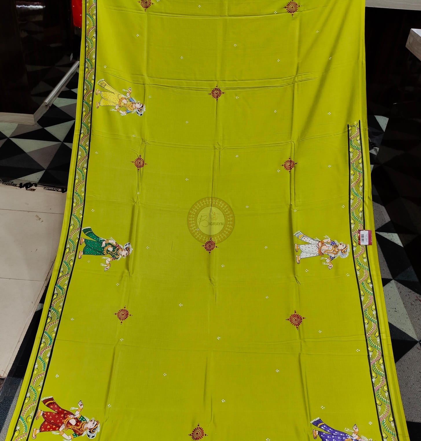 Neon Green Dancer And Musical Instruments Theme Pattachitra Khadi Silk Saree