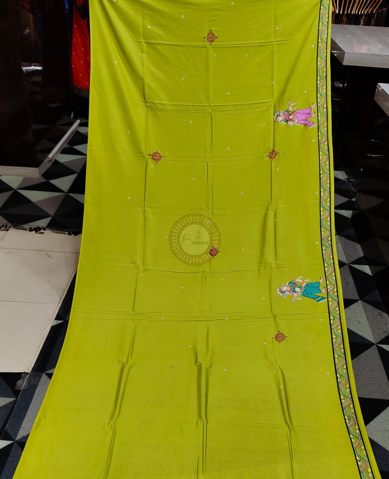 Neon Green Dancer And Musical Instruments Theme Pattachitra Khadi Silk Saree