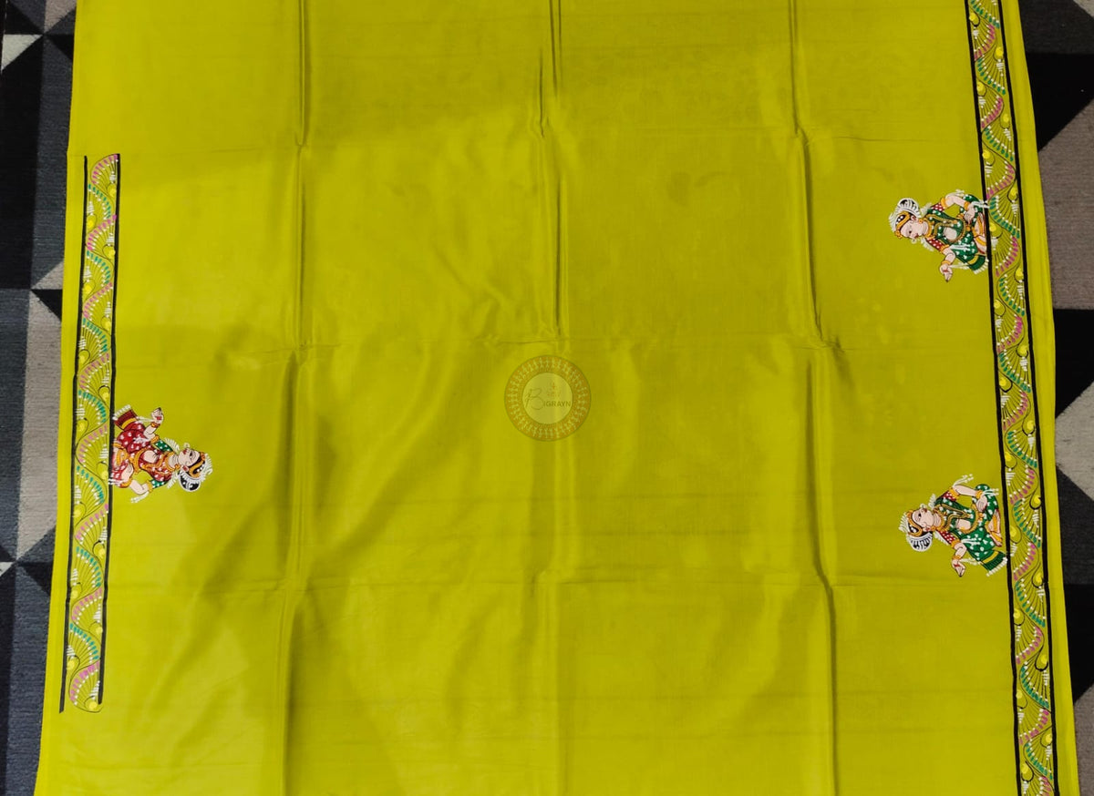 Neon Green Dancer And Musical Instruments Theme Pattachitra Khadi Silk Saree