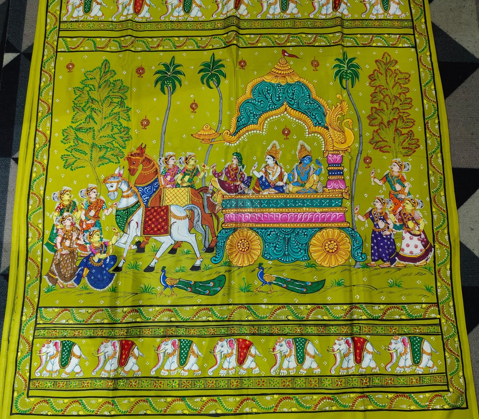 Neon Green Mathura Vijay Theme Pattachitra Khadi Silk Saree