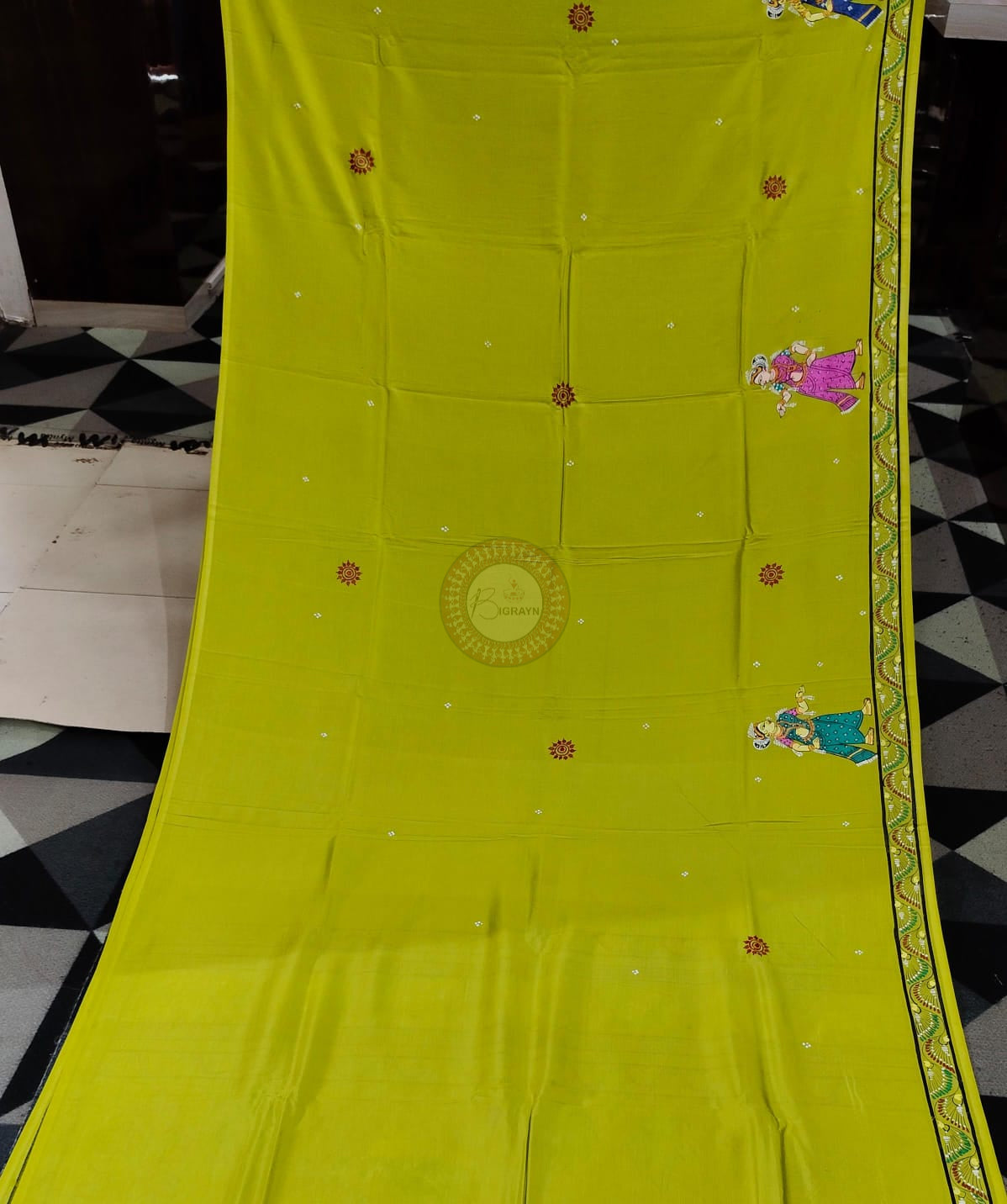 Neon Green Mathura Vijay Theme Pattachitra Khadi Silk Saree