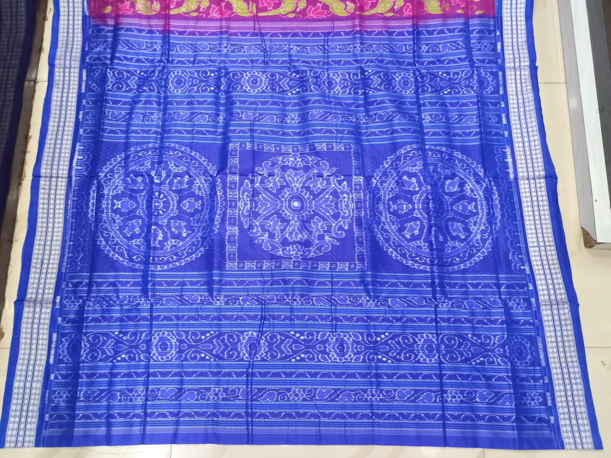 Magenta Blue Lotus And Parrot Design Sambalpuri Silk Saree