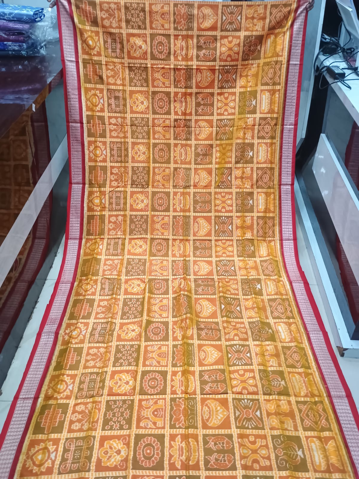 Orange Red Nabakothi Design Sambalpuri Silk Saree