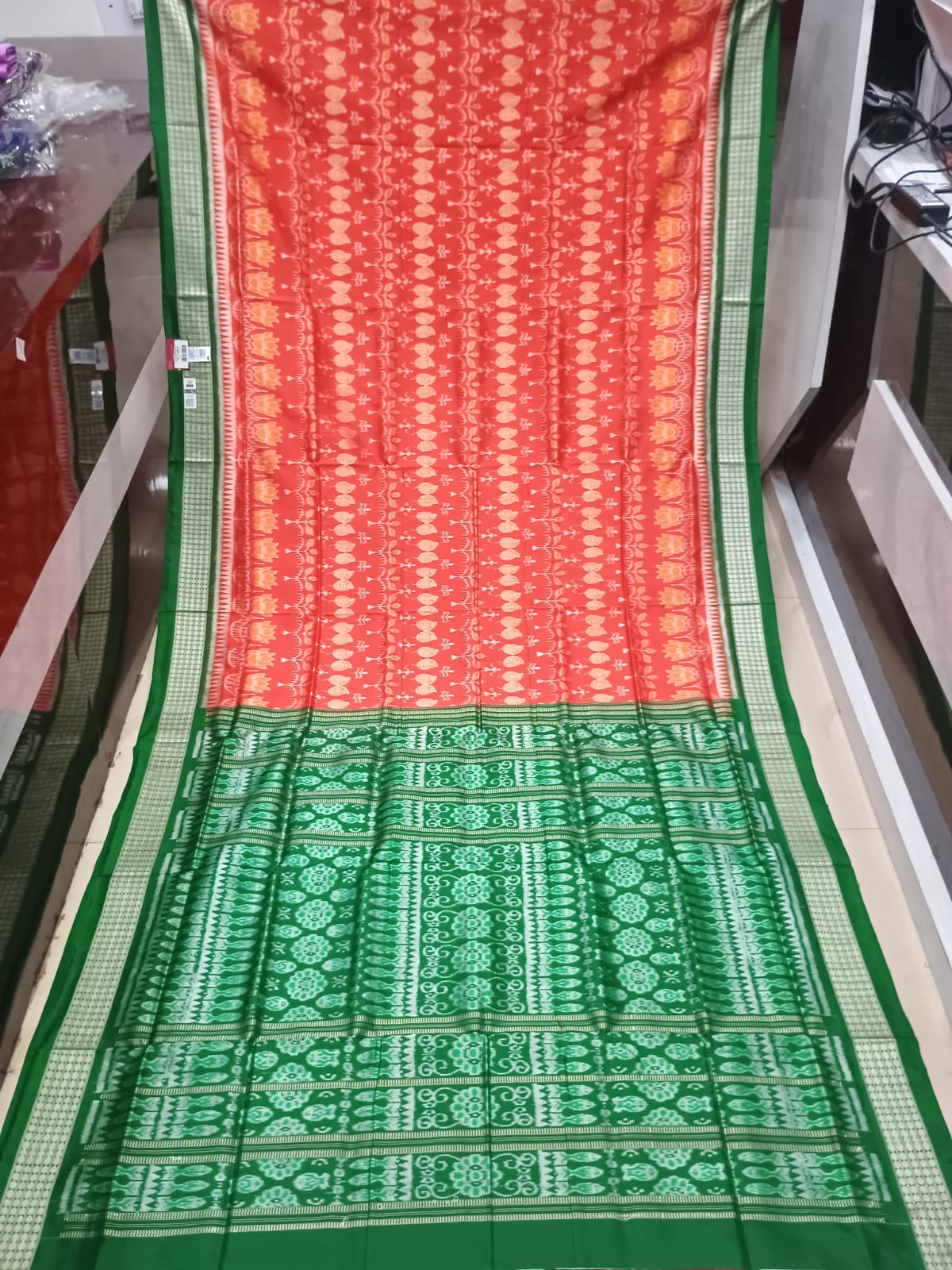 Orange Green Tribal And Tree Scot Lotus Design Sambalpuri Silk Saree