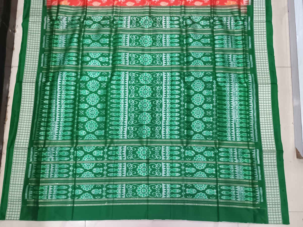 Orange Green Tribal And Tree Scot Lotus Design Sambalpuri Silk Saree