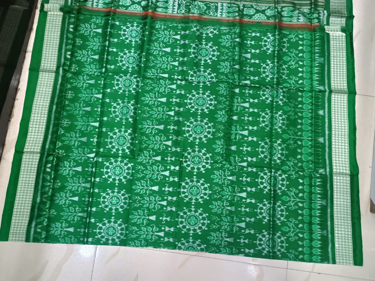 Orange Green Tribal And Tree Scot Lotus Design Sambalpuri Silk Saree
