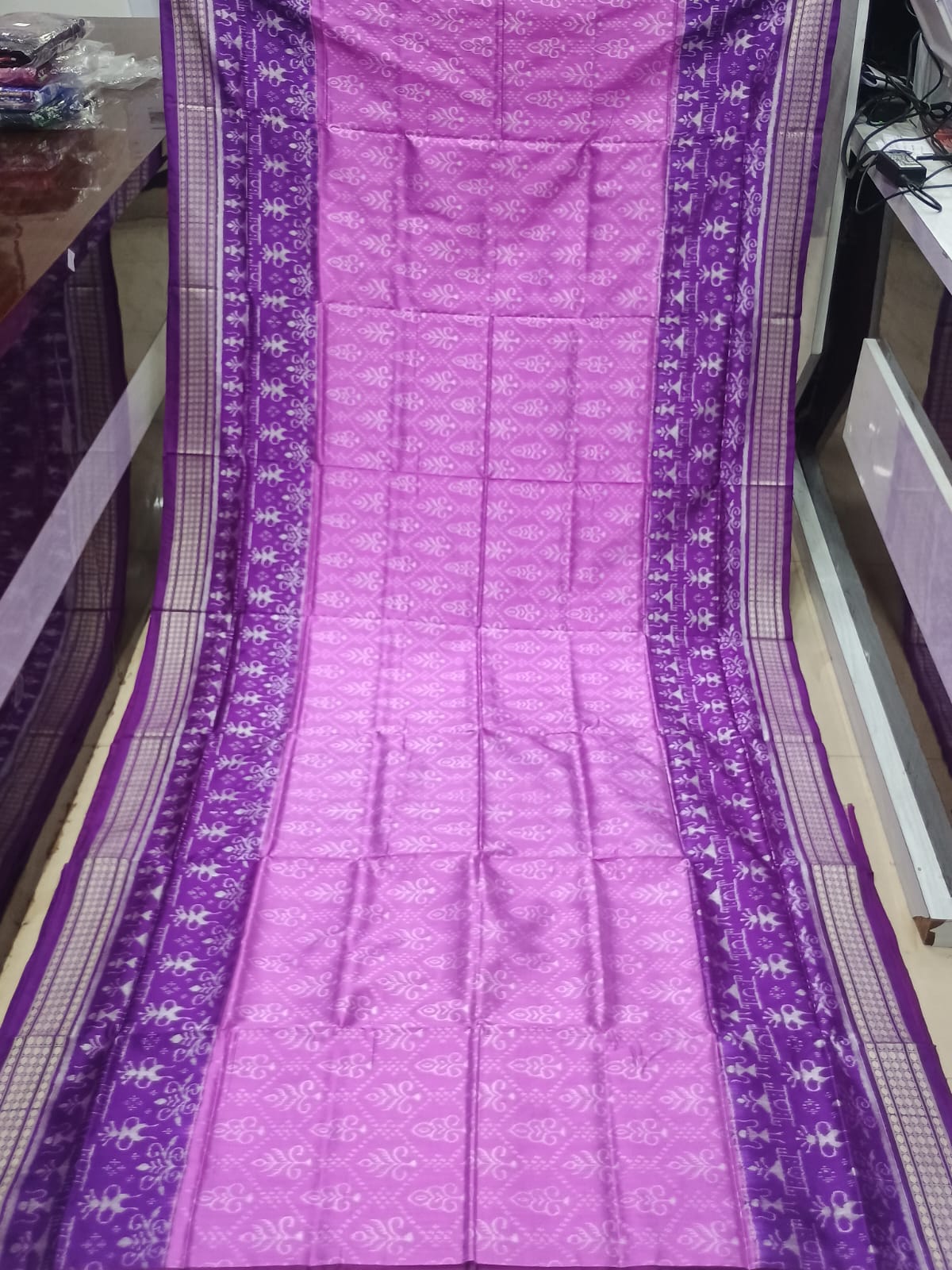 Pink & Deep Purple Tribal And Tree Design Sambalpuri Silk Saree