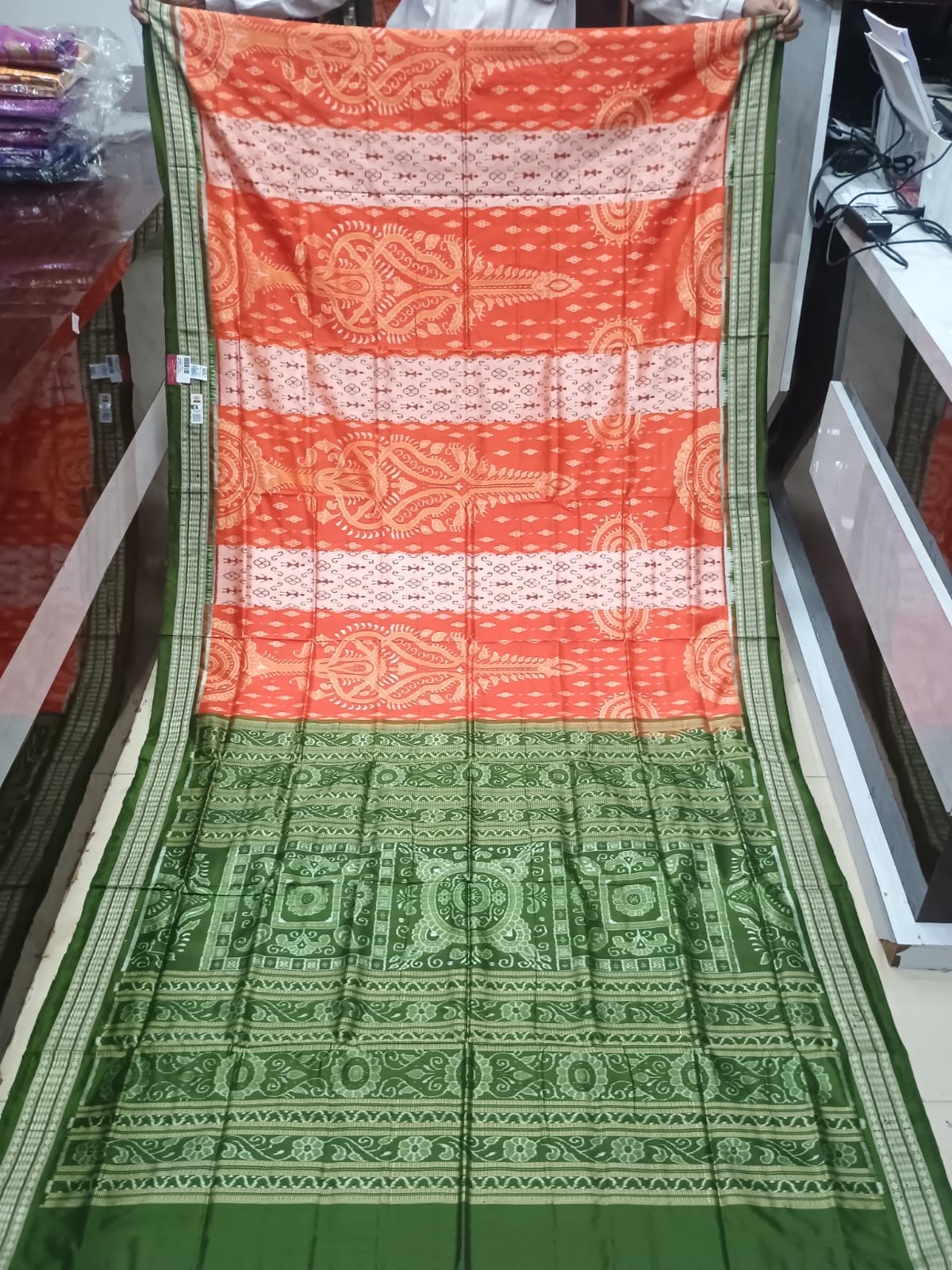 Orange Mehendi Green Tribal With Jhoti Design Sambalpuri Silk Saree