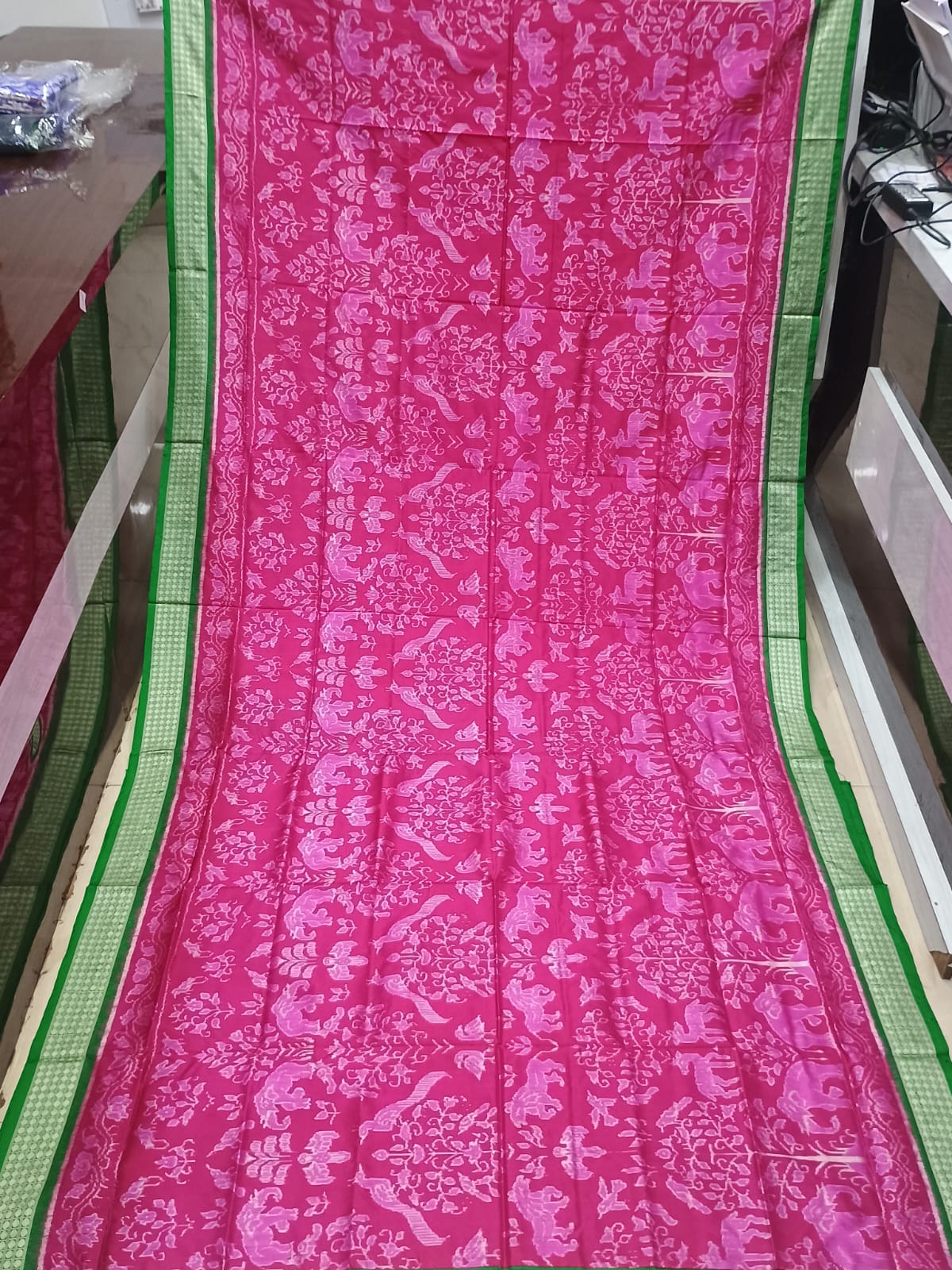 Rani Pink Green Jungle  Design Sambalpuri Silk Saree