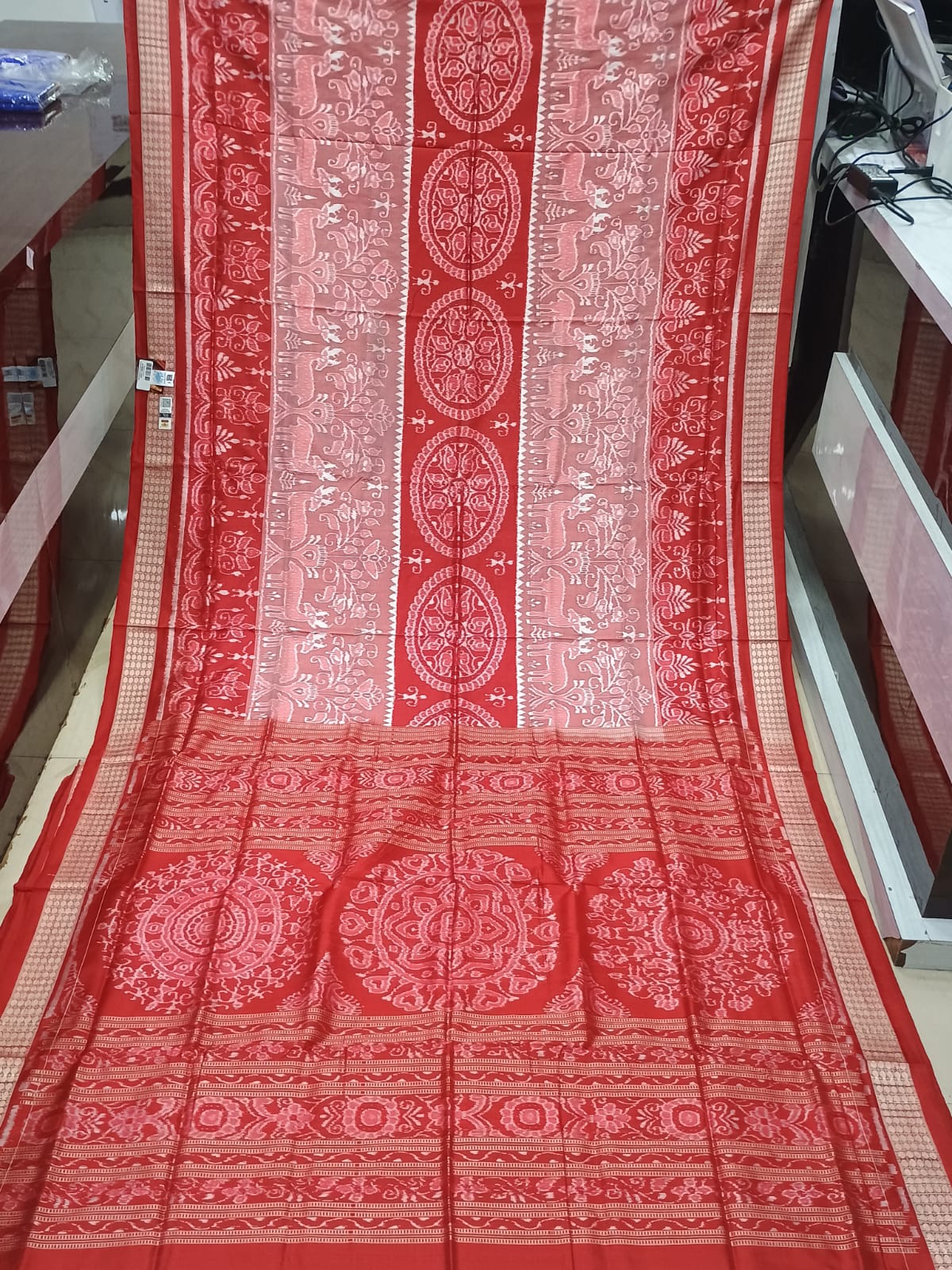Peach Red Animal Design Sambalpuri Silk Saree