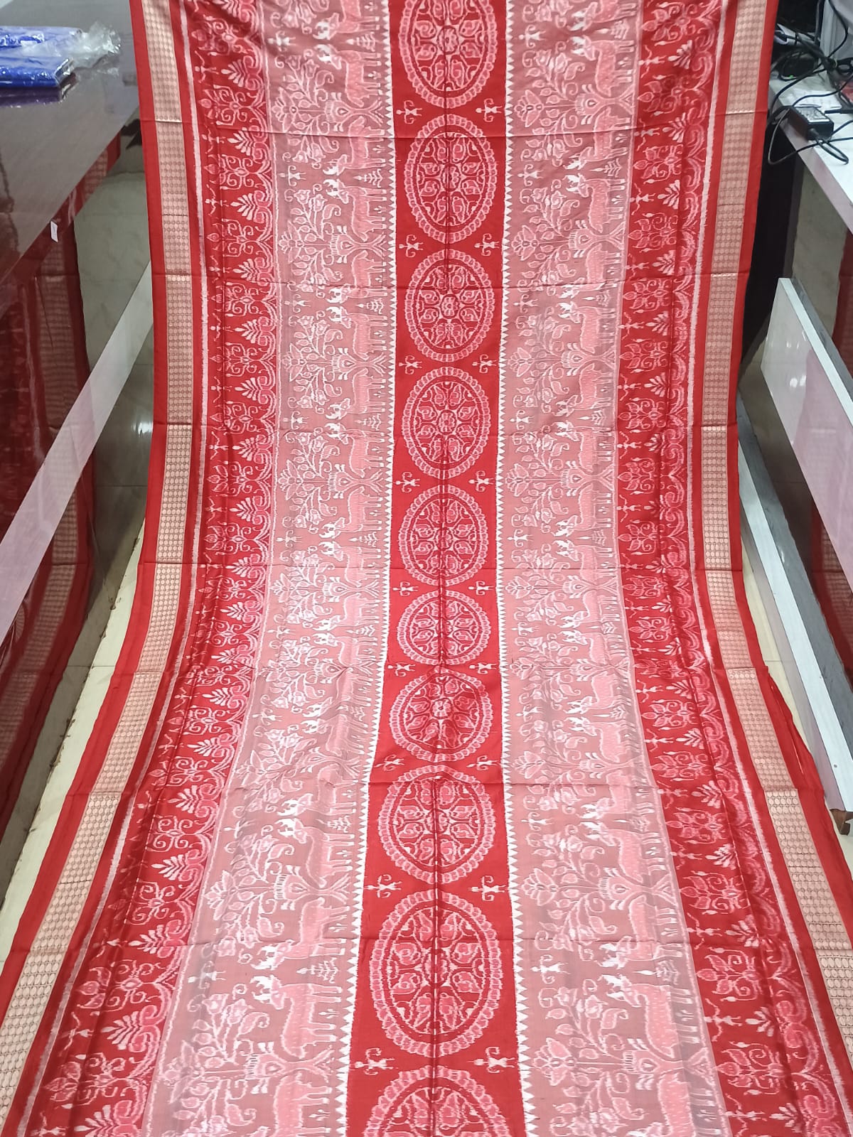 Peach Red Animal Design Sambalpuri Silk Saree