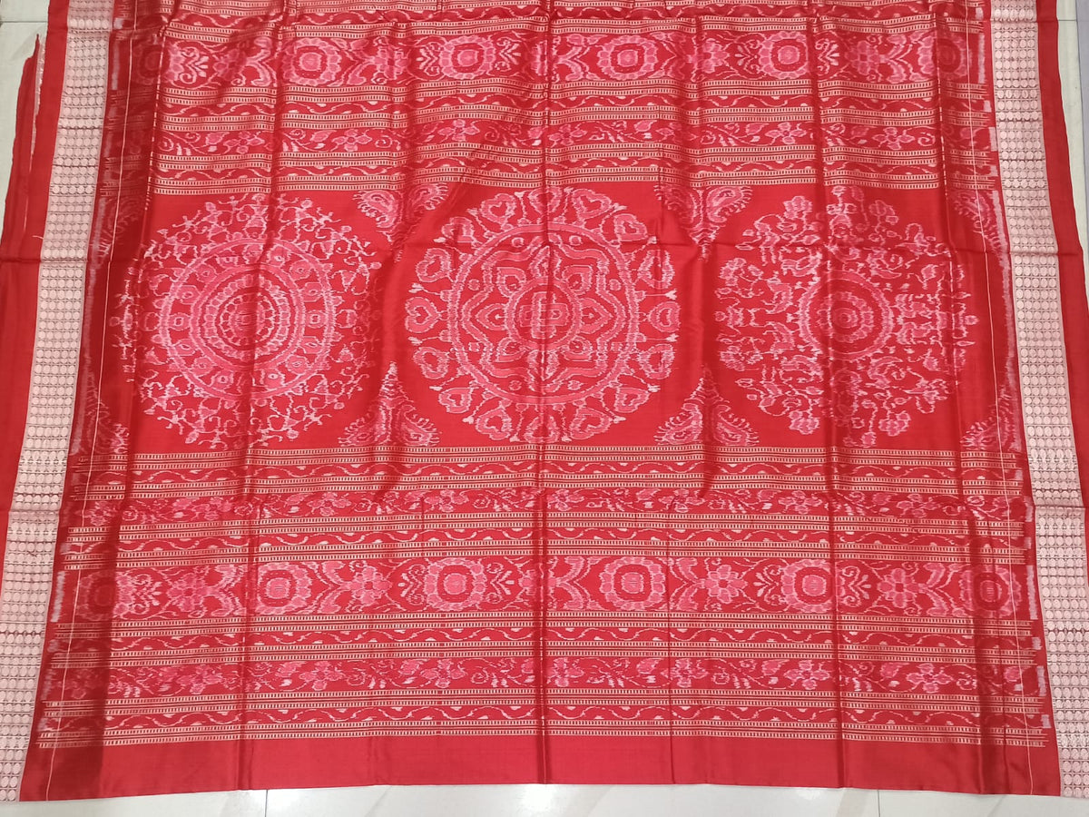 Peach Red Animal Design Sambalpuri Silk Saree