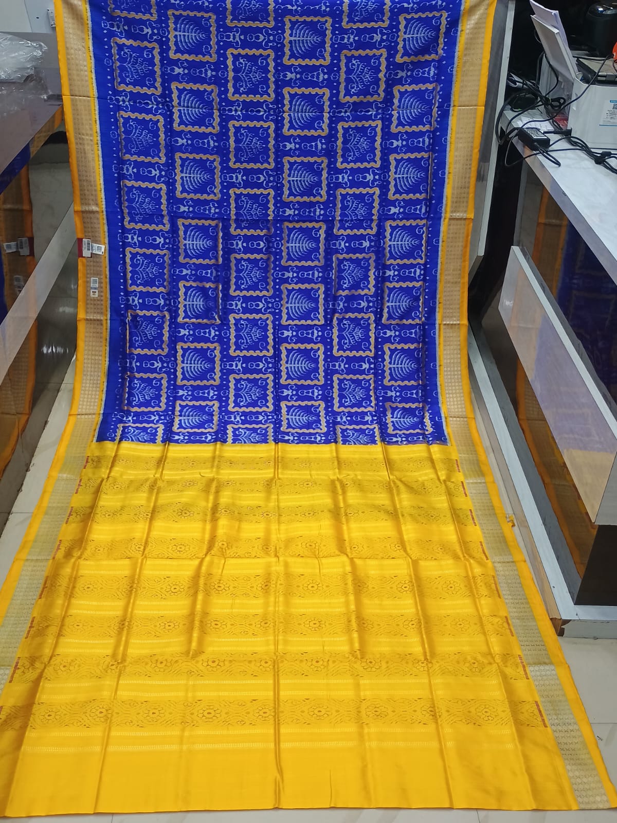 Blue Yellow Tribal And Tree Design Sambalpuri Silk Saree