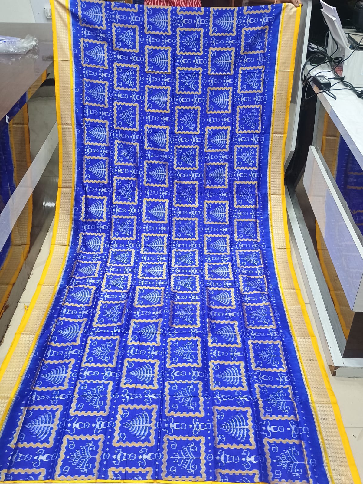 Blue Yellow Tribal And Tree Design Sambalpuri Silk Saree