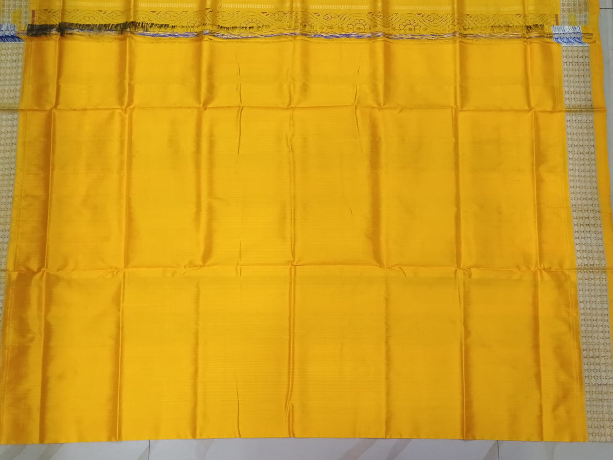 Blue Yellow Tribal And Tree Design Sambalpuri Silk Saree