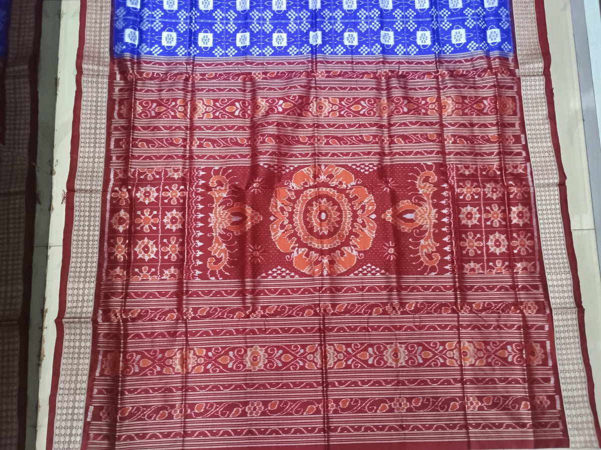 Blue Maroon Mini Pasapali With Flower Design Sambalpuri Silk Saree