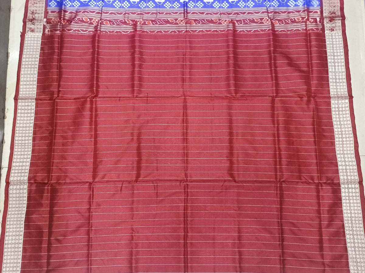 Blue Maroon Mini Pasapali With Flower Design Sambalpuri Silk Saree