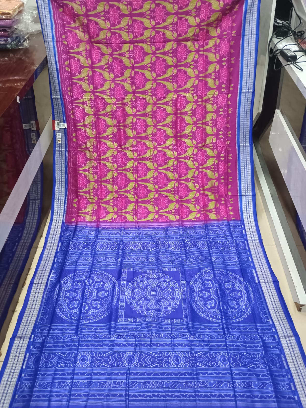 Magenta Blue Lotus And Parrot Design Sambalpuri Silk Saree