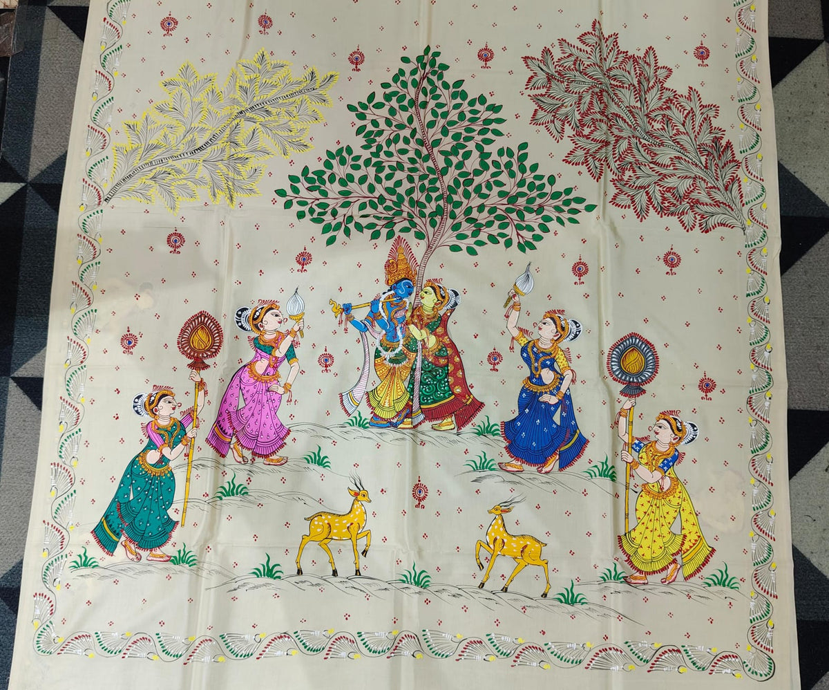 Off White Radha Krishna Rasa Theme Pattachitra Khadi Silk Saree