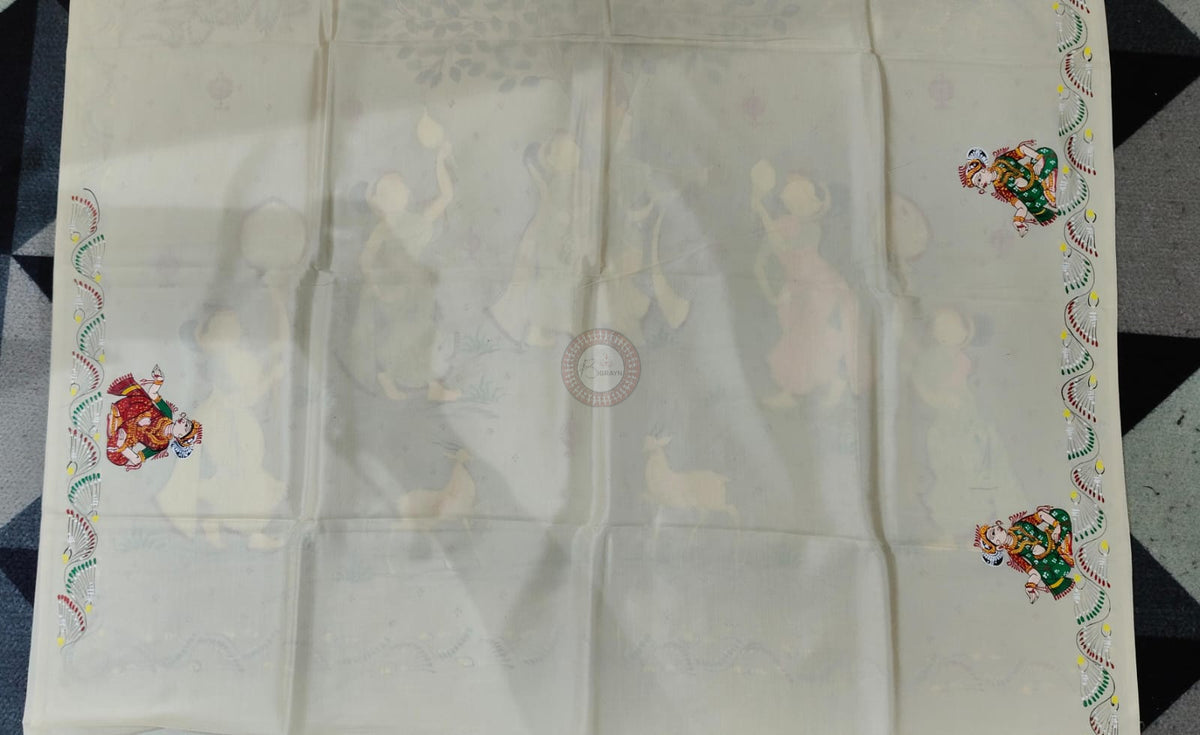 Off White Radha Krishna Rasa Theme Pattachitra Khadi Silk Saree