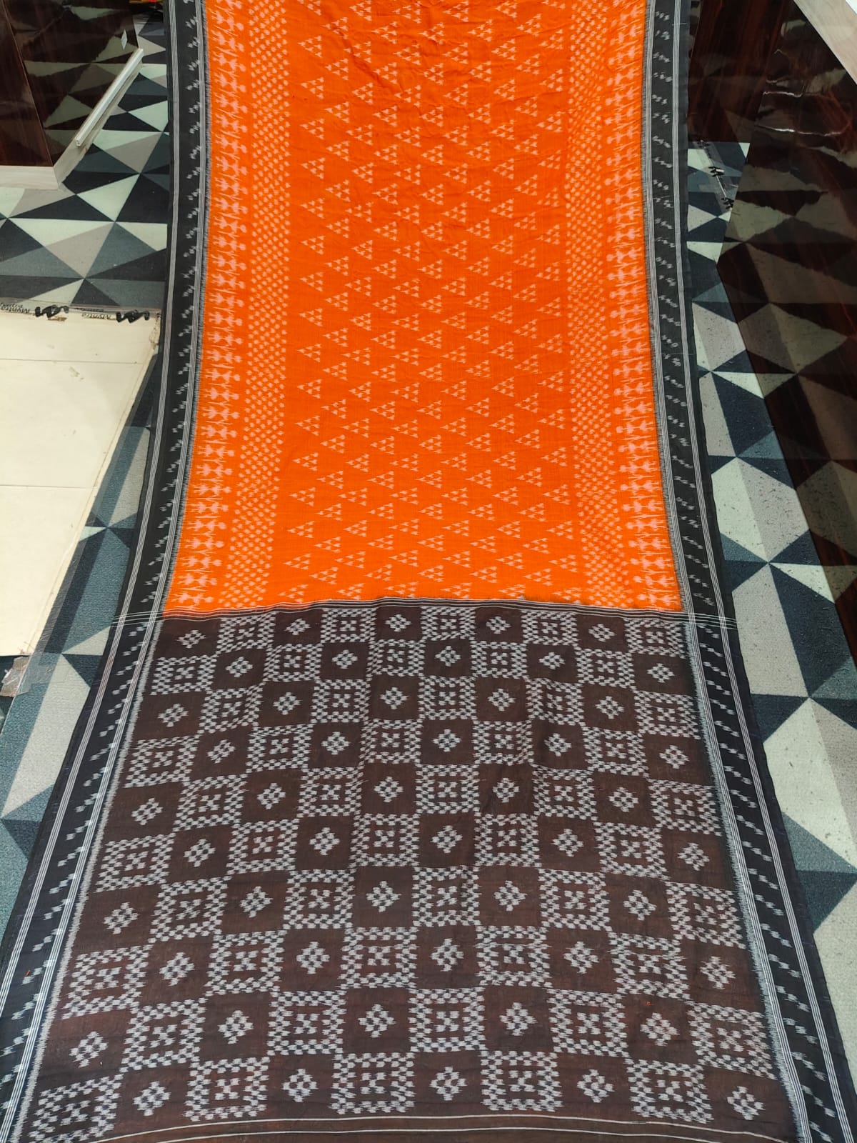 Orange Black Chita & Scot Tribal Design Khandua Cotton Saree
