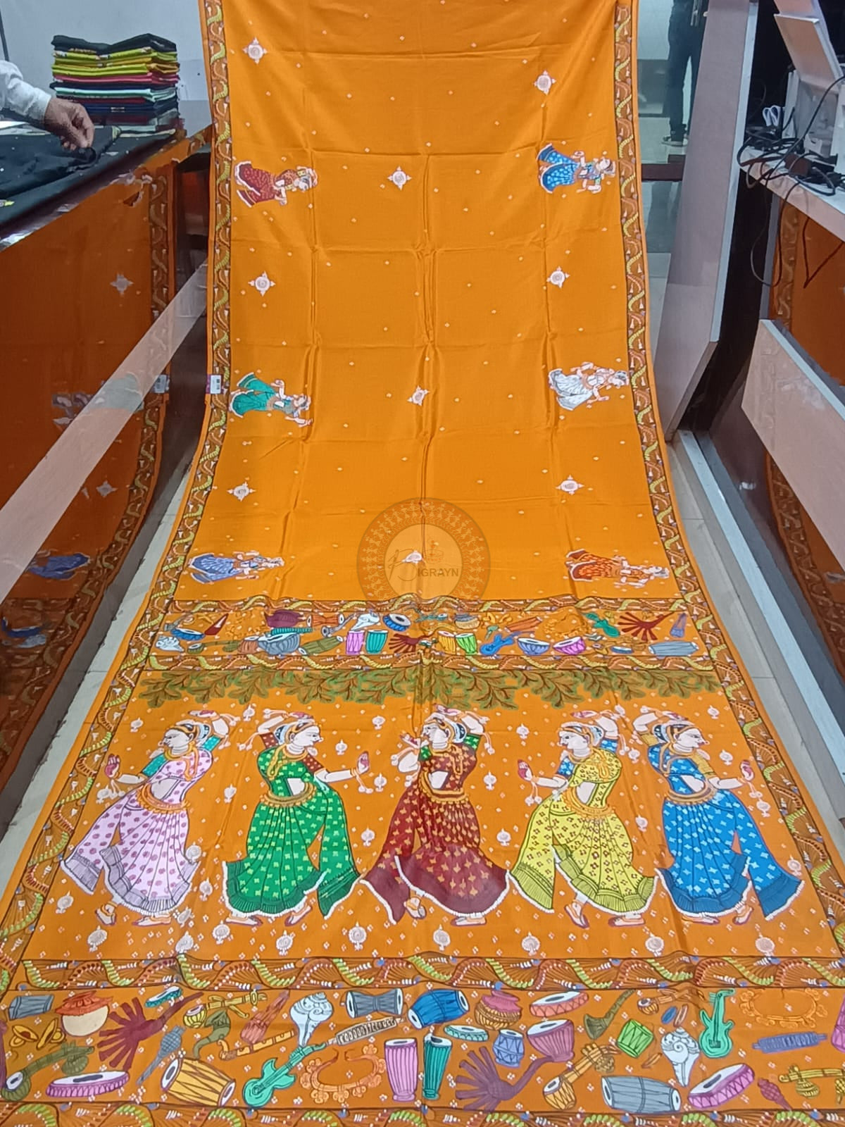 Yellow Musical Instument & Dancer Theme Pattachitra Khadi Silk Saree