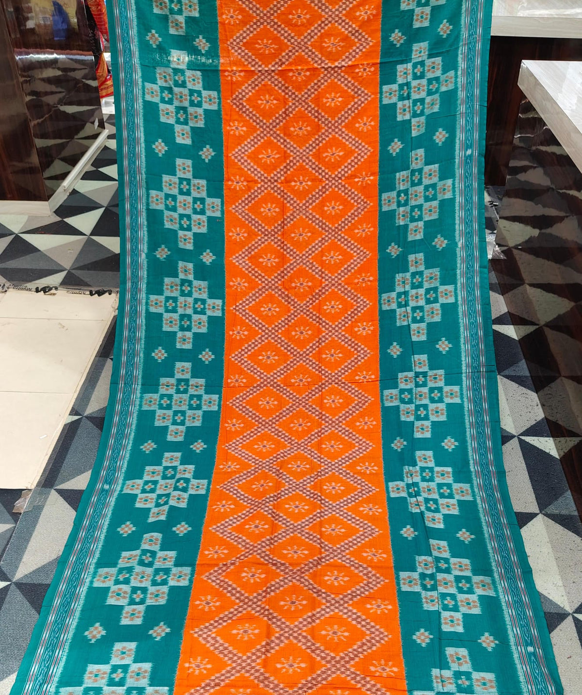 Orange Rama Green Tarabali Design Khandua Cotton Saree