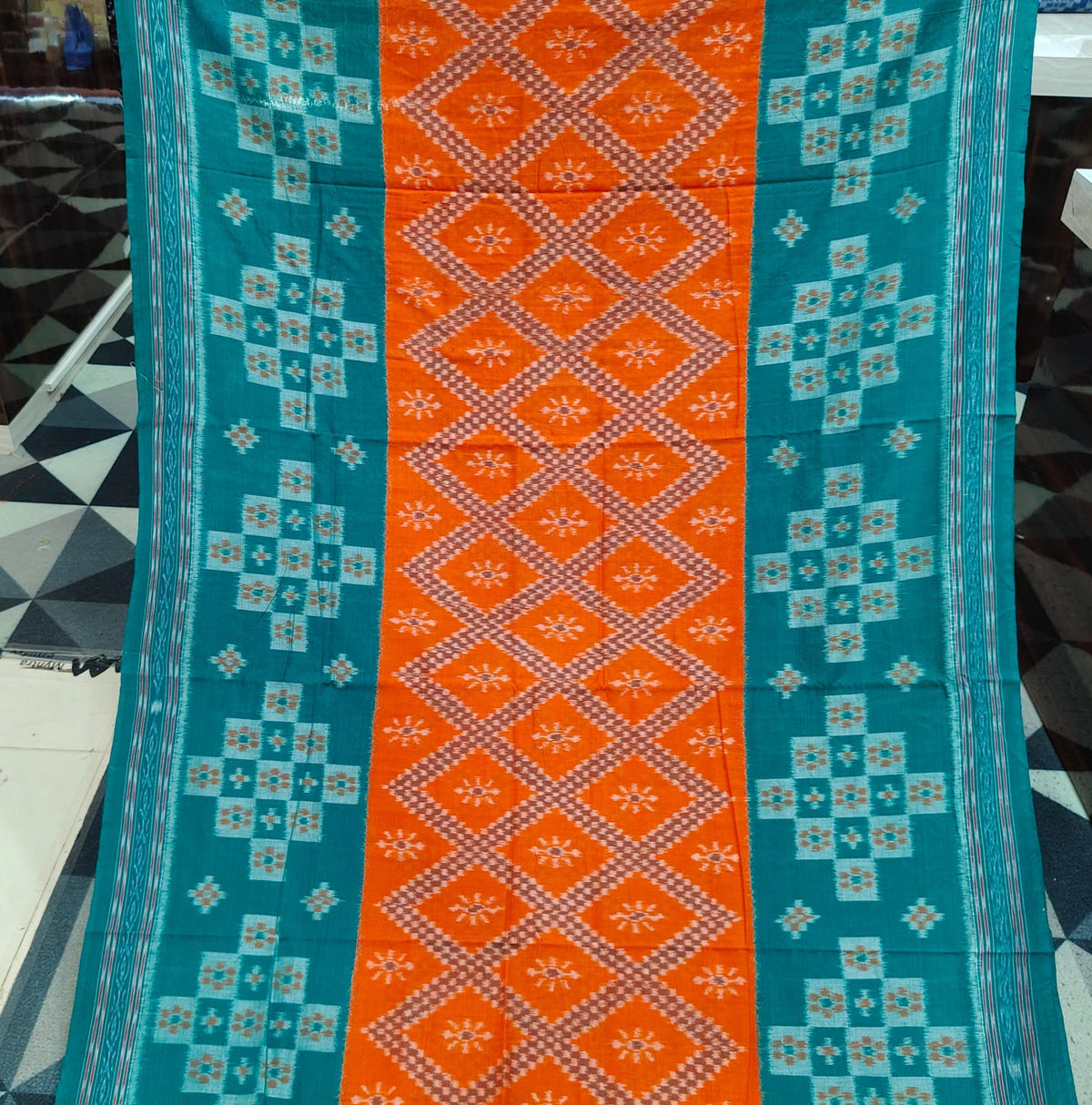 Orange Rama Green Tarabali Design Khandua Cotton Saree