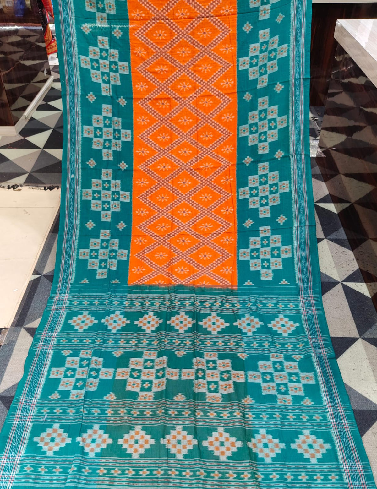 Orange Rama Green Tarabali Design Khandua Cotton Saree