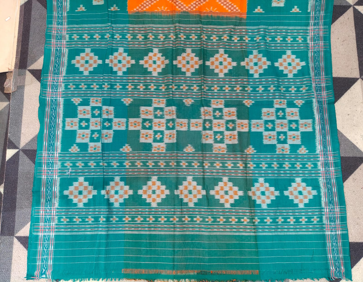 Orange Rama Green Tarabali Design Khandua Cotton Saree